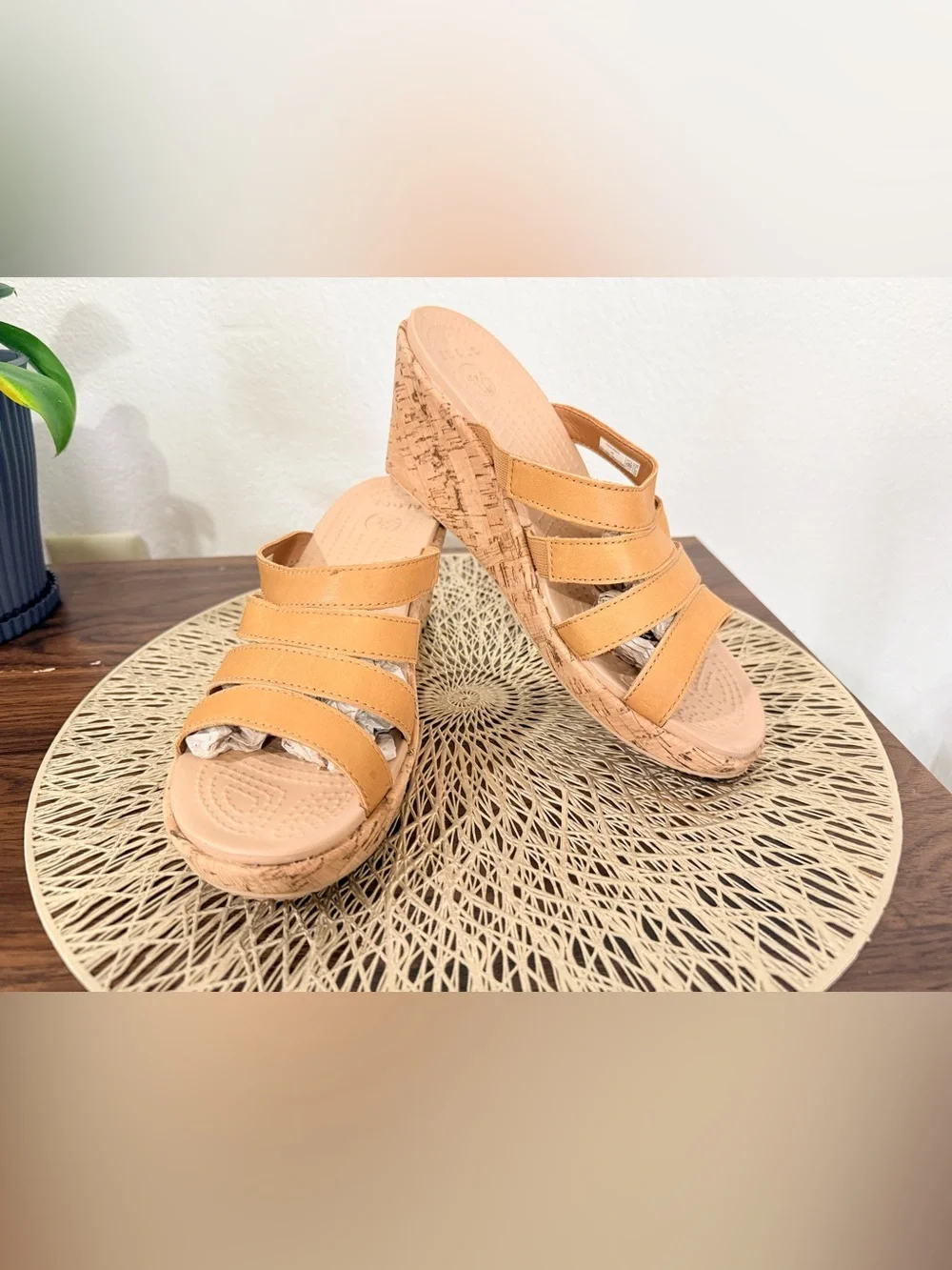Crocs A- Leigh Tan Leather Wedge Slide Sandals Women Size 8 Cork Detail Comfort